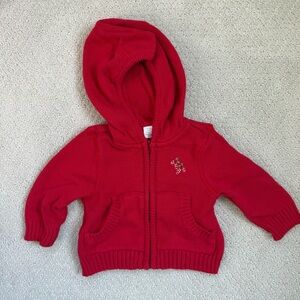 Red Baby Holiday Zip Up Sweater with Embroidered Candy Cane Detail